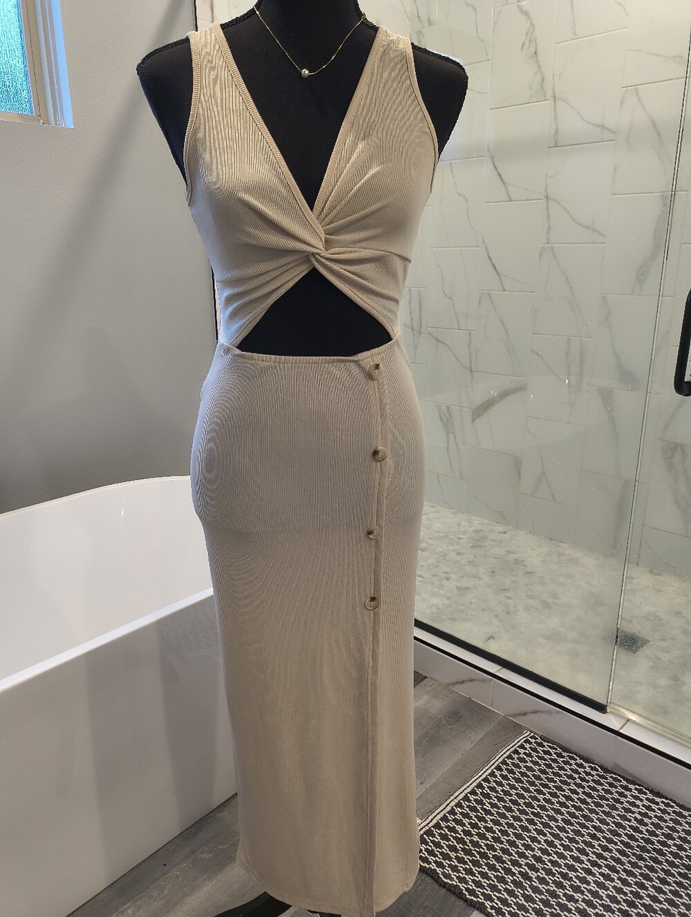 Twist Front Cutout Maxi Dress in Beige